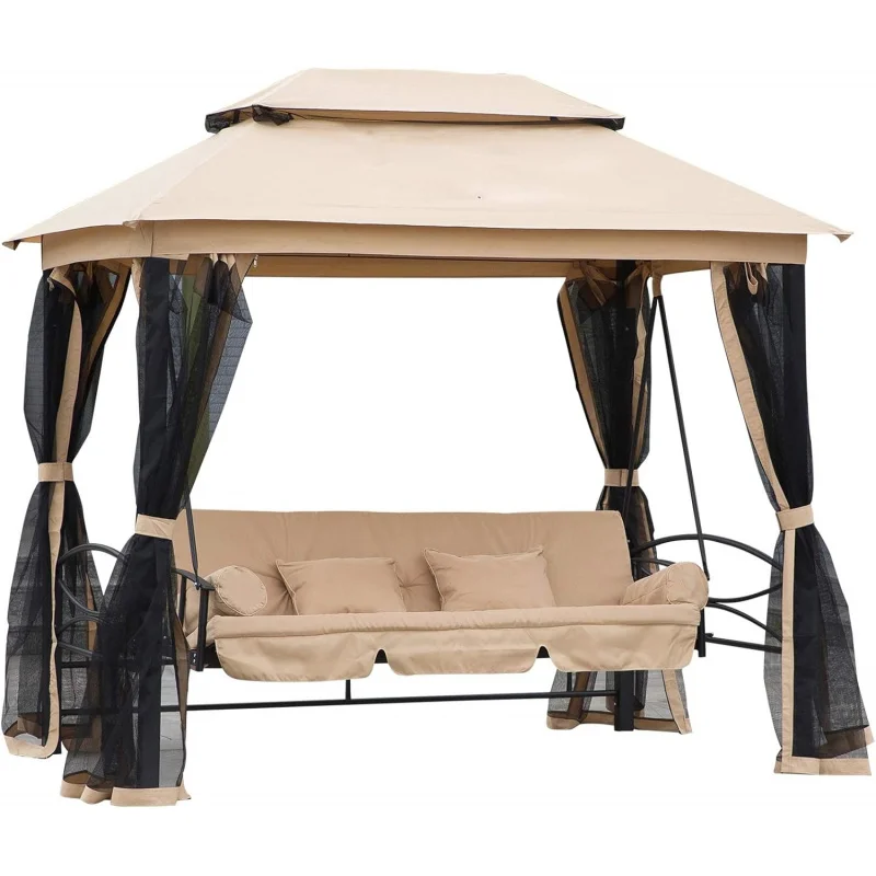 2026 New：3-Patio Swing Chair, Outdoor Gazebo Swing with Double Tier Canopy, Mesh Sidewalls, Cushioned and Pil