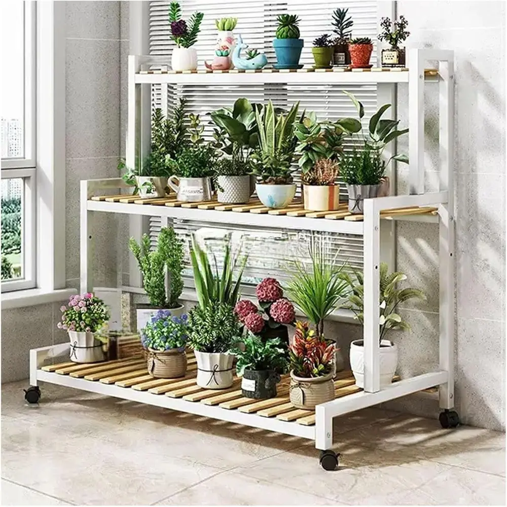 

White 3-Tier Plant Ladder with Wheels, 120cm Tall, Adjustable Potted Plant Stand