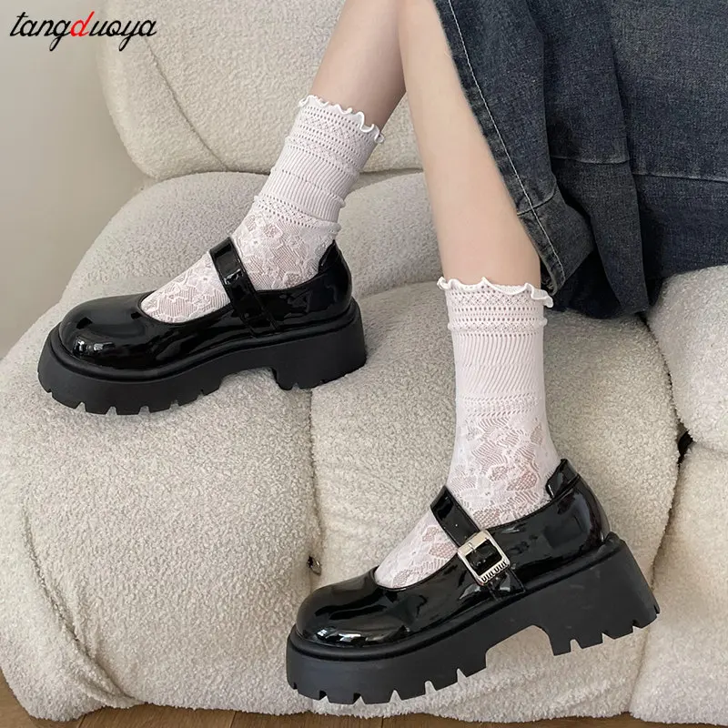 mary jane lolita Oxford Shoes for Women Shoes Woman Slip on Square Platform Shoes Round Toe Loafers Solid Leather Casual Shoes