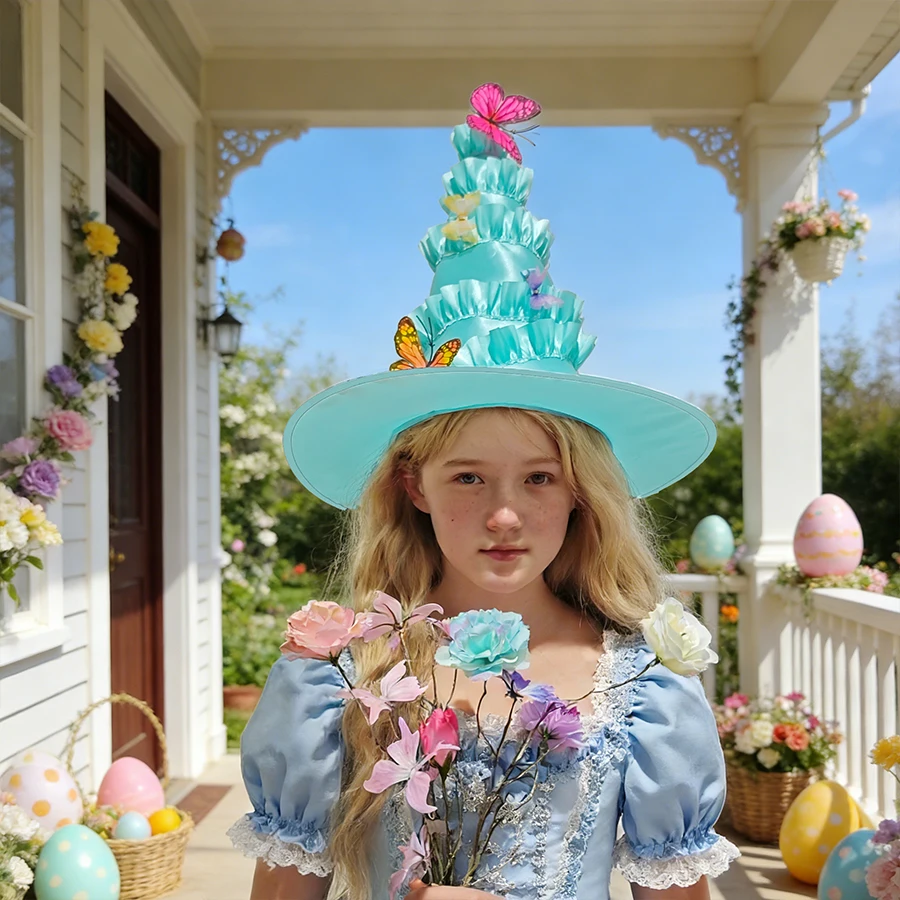 1pc mint blue ruffled edge hat with imitation butterfly decoration spring outfit flower fairy hat Easter carnival school party