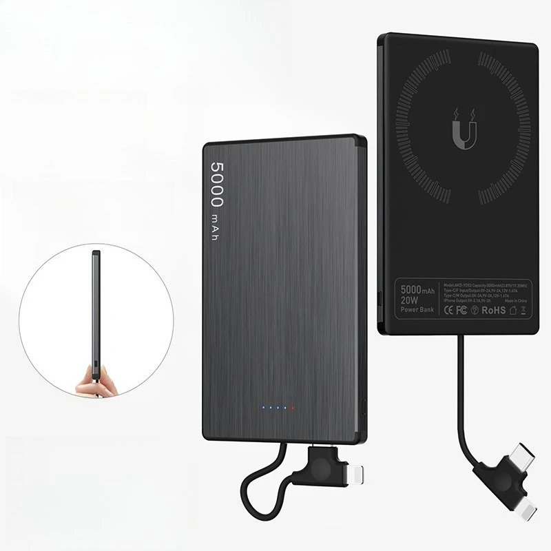 5000mAh Ultra-thin Magnetic Wired Power Bank with Built-in Cable, 0.6xCM 2-in-1 PD Fast Charging Mobile Power for Mobile Phones