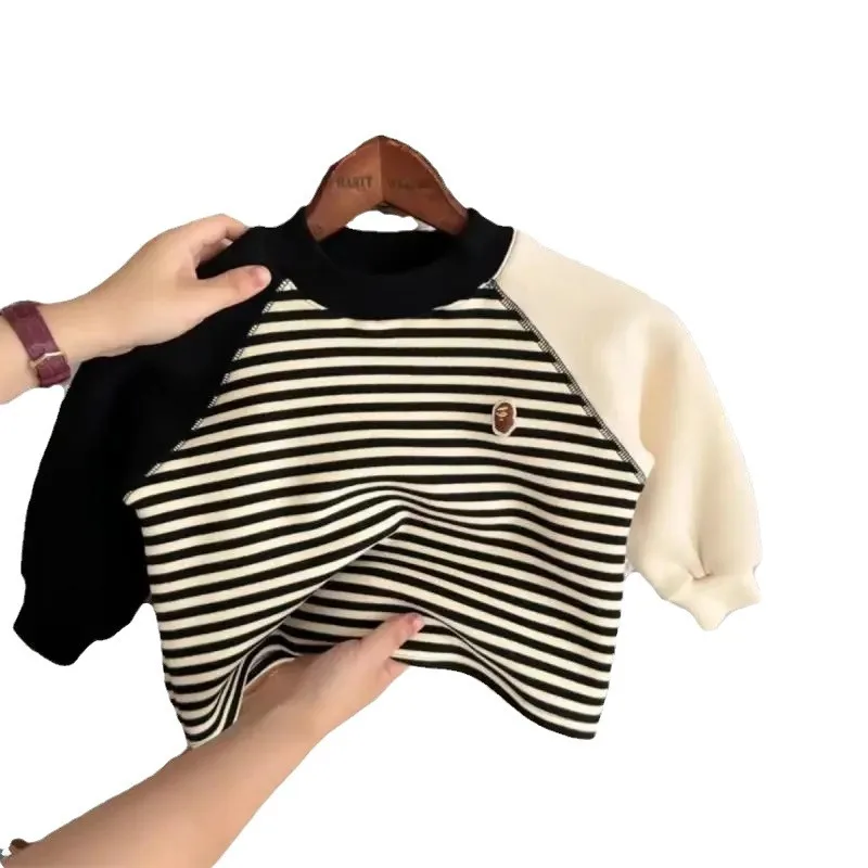 Autumn Winter Children Boy Striped Sweatshirt Cotton Spliced Long Sleeve Velvet Toddler Boy Pullovers Infant Baby Boy Undershirt