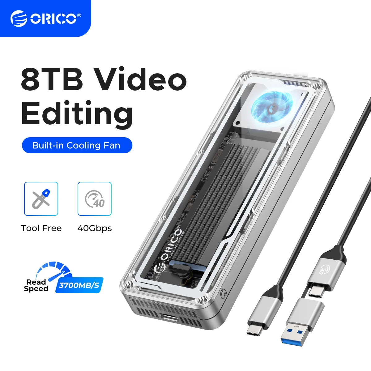 ORICO 40Gbps USB4 M.2 SSD Enclosure 8TB with with Cooling Fan PCIe4.0 NVME Enclosure Aluminum Compatible Thunderbolt 3/4 for Mac