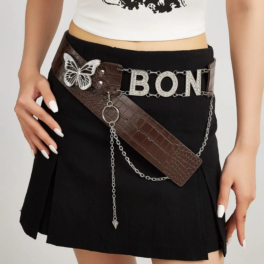 

Retro PU Leather Rhinestone Belts Spice Girl Y2K Butterfly Waist Chain Alloy Fashion Waistband Women