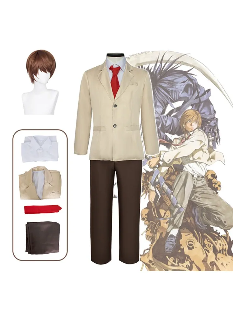 Kostium cosplay Anime Death Note Yagami Light: beżowa marynarka, koszula, spodnie, krawat, peruka, garnitur. Idealny na Halloween, imprezy tematyczne, cosplay, codzienne noszenie. — 2