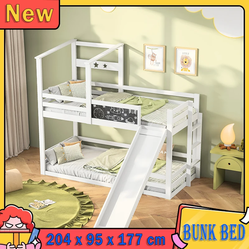 Letto Creahappy a due piani, letti superiori e inferiori 90x200 cm, con guide di sicurezza, scale, scivolo e lavagna - Bianco