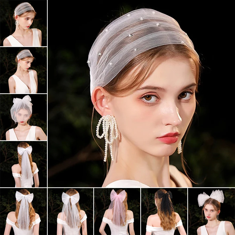 Witte Bruidshoofddeksels Feestdecoratie Accessoires Bruiloft Hoofdtooi Tule Strik Met Parels Cadeau Mesh Strik Haarspeldjes