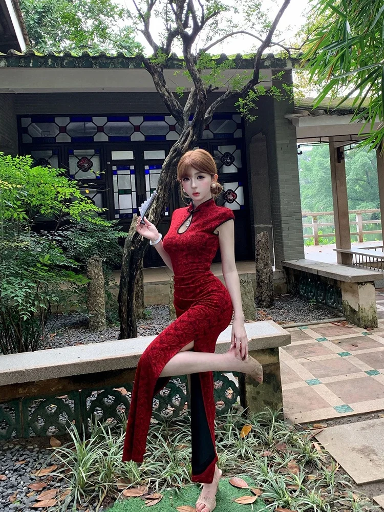 

Umei STAZF7 Retro Style Red Print Hollow out Qipao Skirt Sexy Split Wrap Body Summer for Plump Women Casual Travel Wear