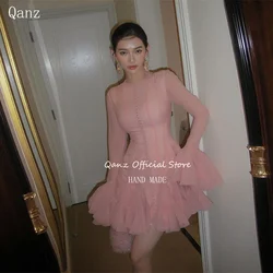 Qanz Dusty Pink Prom Dresses Elegant Long Sleeves Buttons Vestidos Para Eventos Especiales Short Luxury Dresses Women Customized