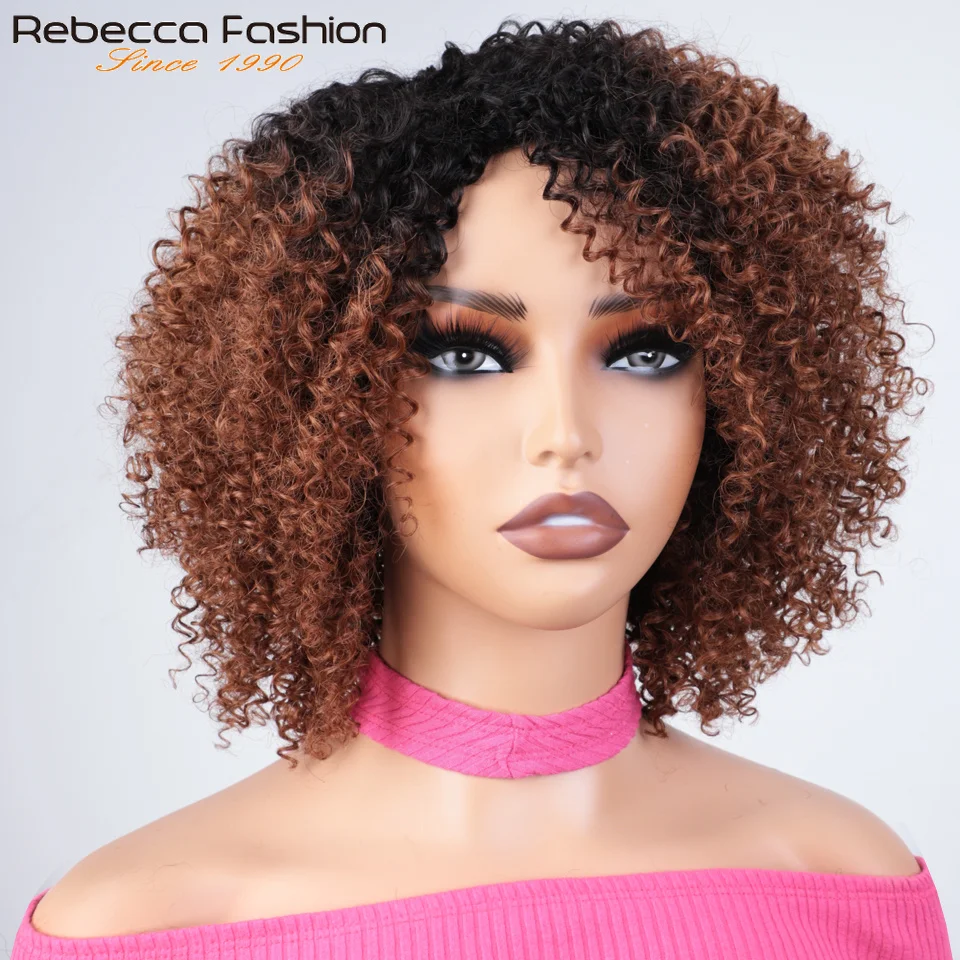 Afro Kinky Curly Human Hair Wigs Ombre Browrn Human Hair Wig With Bangs Colored 4C Curly Bob Wig For Women Beginner Friendly