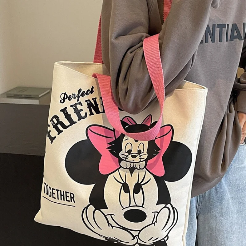 Sacola Disney grande capacidade para mulheres, carta kawaii Mickey Mouse, bolsa de ombro para meninas, bolsa de desenho animado