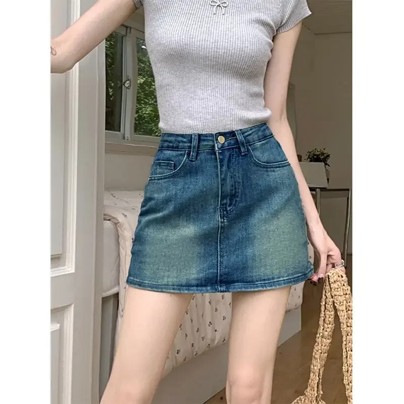 التنانير الصغيرة الأمريكية خمر الدنيم المرأة الصيف موضة عالية الخصر مستقيم قصيرة عادية موضة الشارع الشهير تنورة قطنية