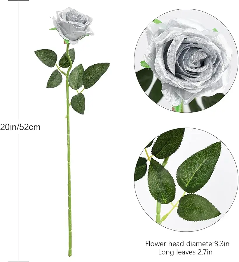 12 STKS Kunstzijde Bloemen Realistische Rozen Boeket Lange Steel voor Thuis Bruiloft Decoratie Feest (Zilver 1)