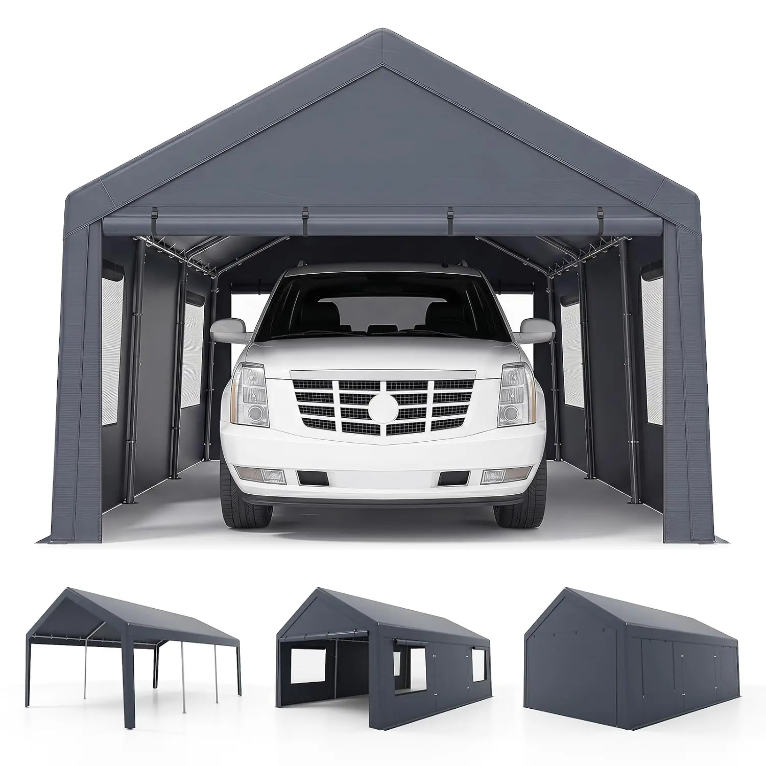10x20FT Heavy Duty Portable Garage, Carport Canopy with 2 Doors & 4 Roll-Up Mesh Windows, PE Cover for Cars, Trucks & Boats