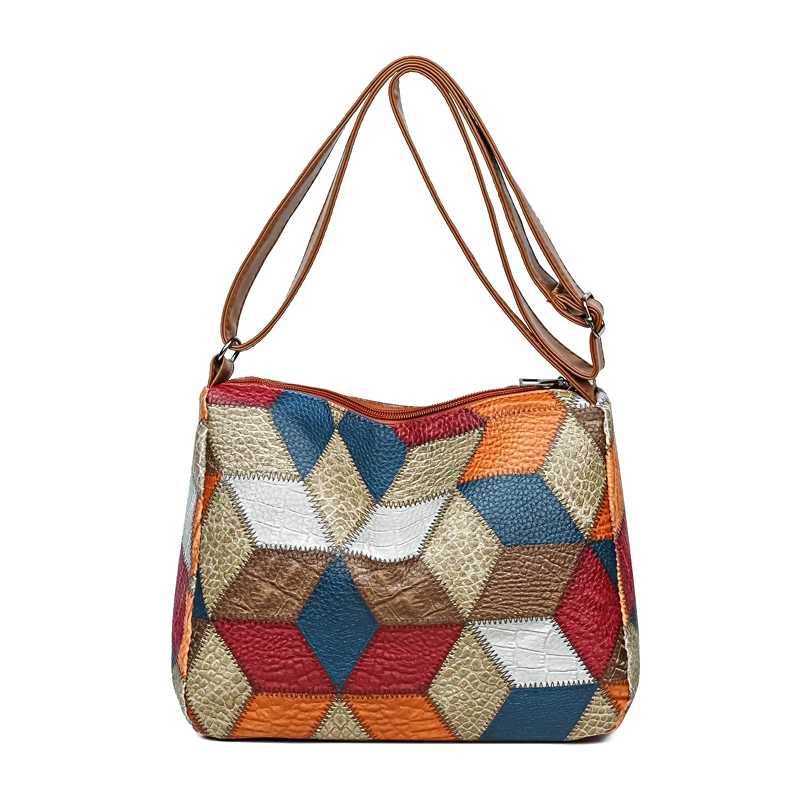 Women's  Crossbody Shoulder Bag, Lightweight Geometric Pattern, Multi-Layer Design, Secure Zipper Closure, Colorful Accessories