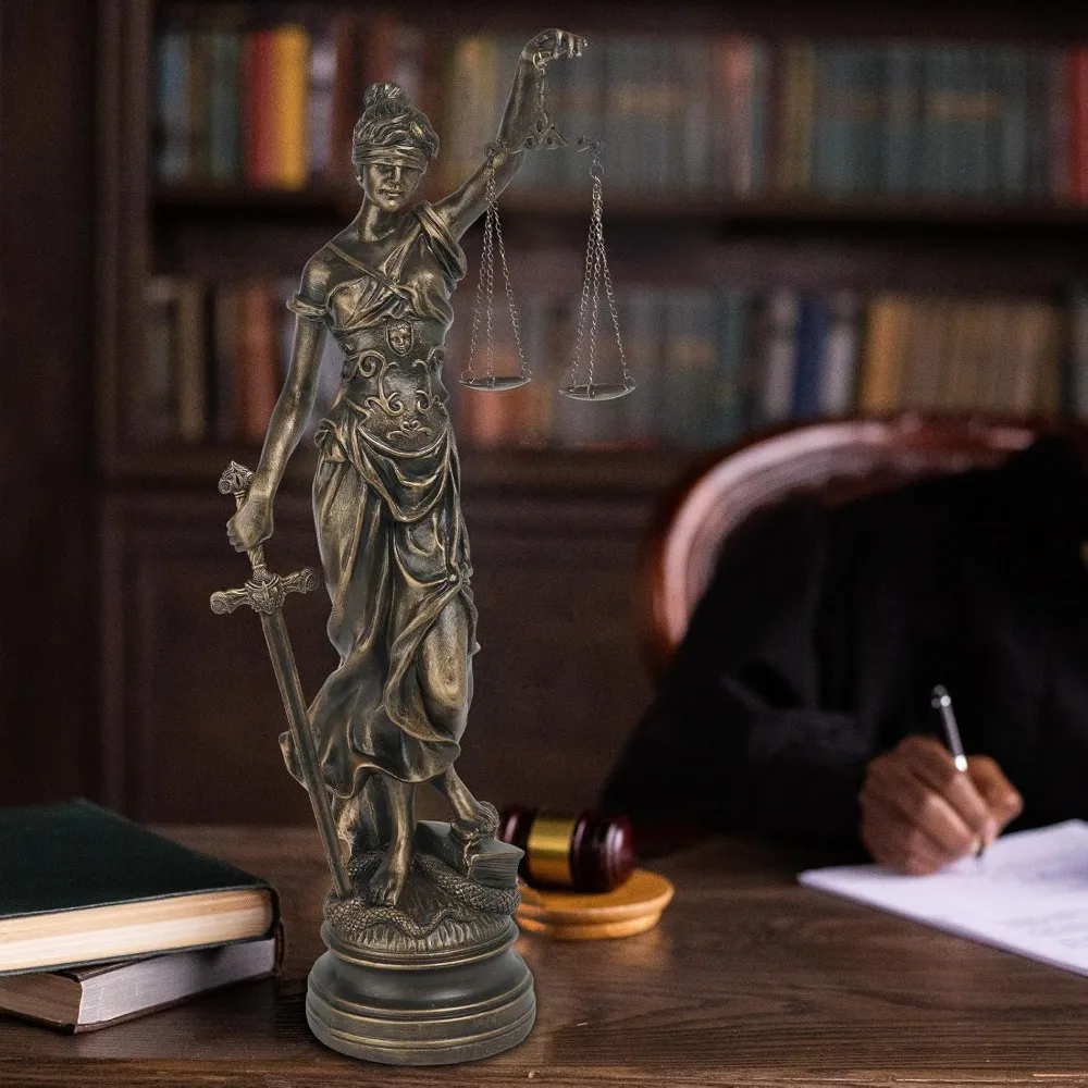 تمثال العدالة الكبير العتيق للسيدات مقاس 21.5 بوصة ديكور مكتب المحامي من الراتنج مع سيف الموازين