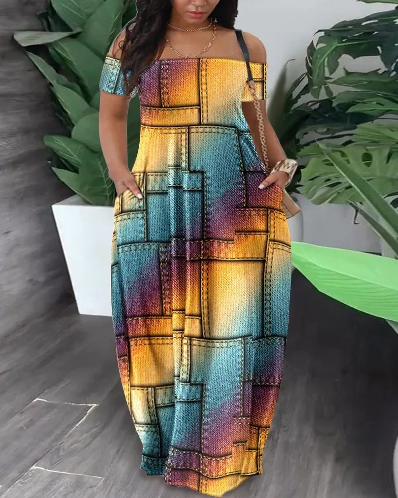 2023 Summer Sexy African Women Fashion Short Sleeve Polyester Printing Long Dress Maxi Dresses for Women African Dresses