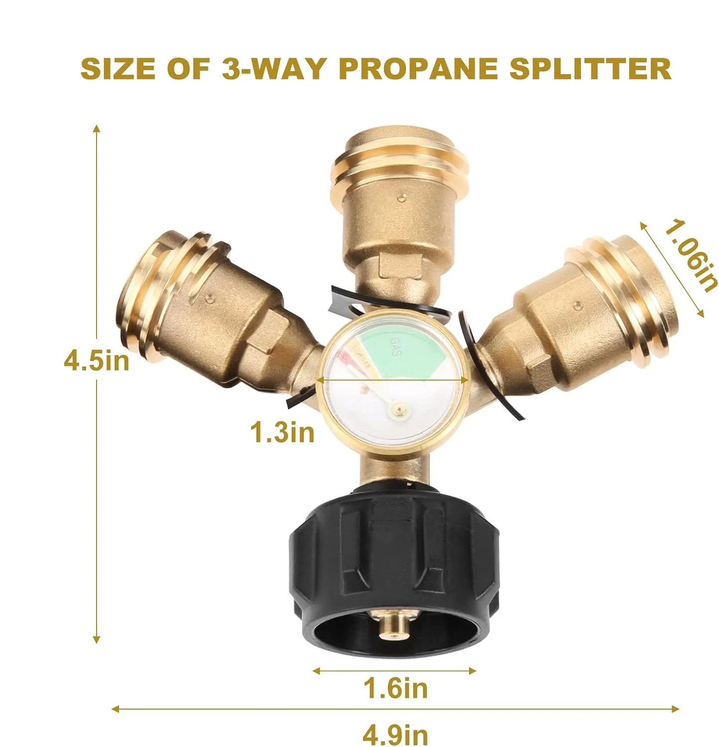 Solid Brass 3-Way QCC1/Type1 Propane Tank Splitter Luminous Gauge and Shut-Off Valve for Grills Camping Stoves Heater RV Camper - view 4