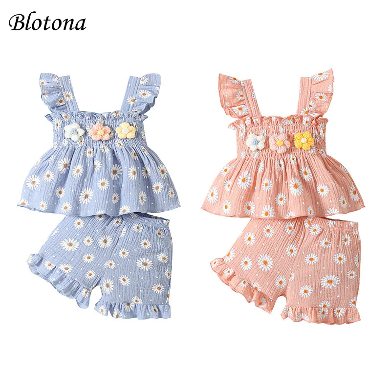 

Blotona Baby Girl Summer 2Pcs Outfits Ruffled Sleeveless Daisy Print Tank Tops + Shorts Set Newborn Sweet Clothes 3-24M