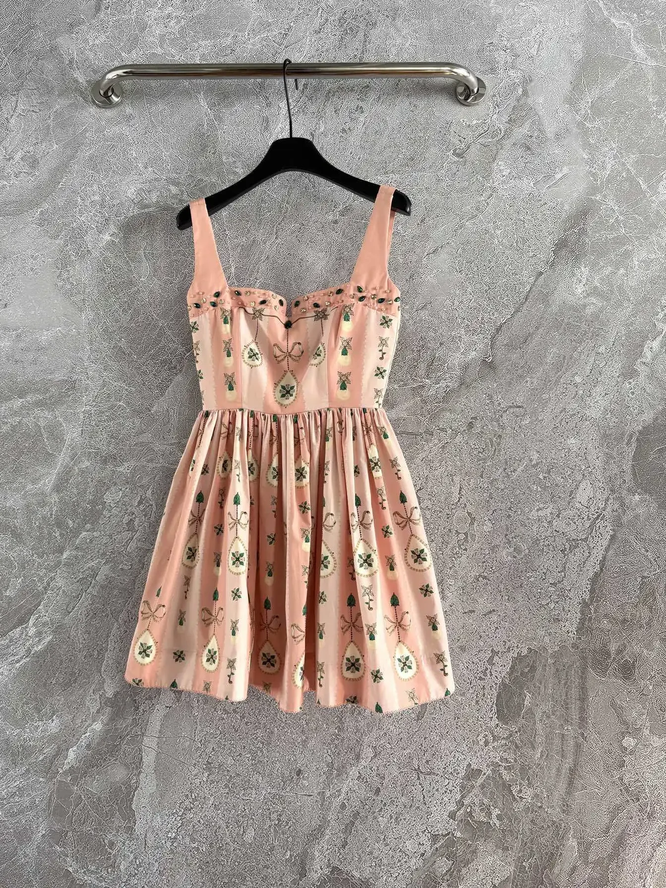 Retro Print Dames Roze Tankjurk 2023 Nieuwe Diamanten Kralen Vierkante Kraag Mouwloos Hoge Taille Elegante Vrouwelijke Mini Gewaad