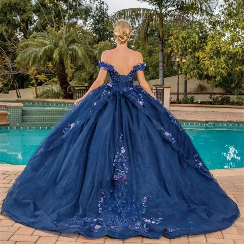 ที่กําหนดเองสีฟ้า Charming Quinceanera เดรสสําหรับสาว Appliques ปิดไหล่จีบพิธี Vestidos De 15 Anos