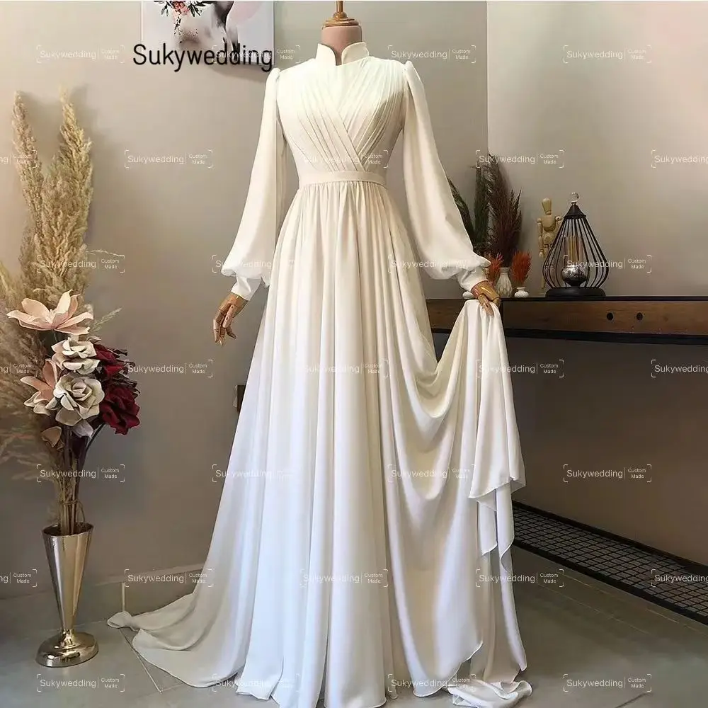 Robe de Mariée Musulmane en Mousseline de Soie à Manches sulf, Hijab Islamique à Col Haut, pour les Patients, Personnalisée