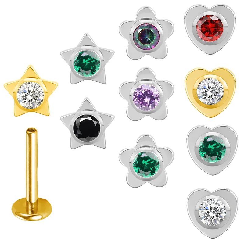 Brincos de Titânio ASTM F136 com Mini Coração e Pentagrama, Piercing de Orelha com Zircônia Cravejada, Brincos de Rosca para Lábio e Orelha, Joias para Piercing Corporal