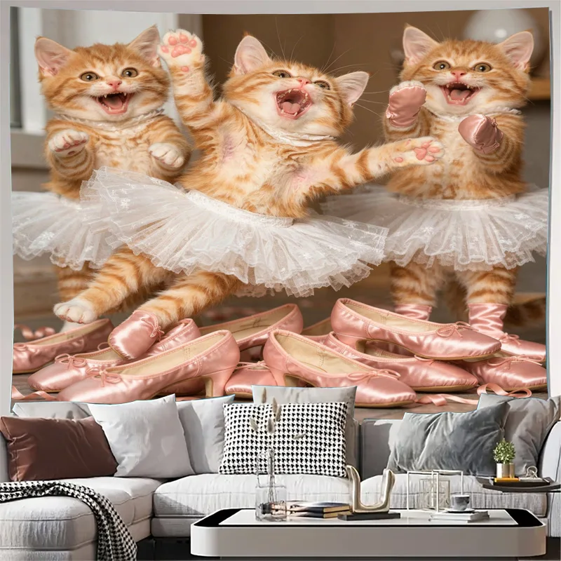 Ultra Cute Cat Tutu Ballet Wall Tapestry Hanging Art Whimsical Kitty Wall Decor Pink Heels Disney Style Nursery Kids Room Home O