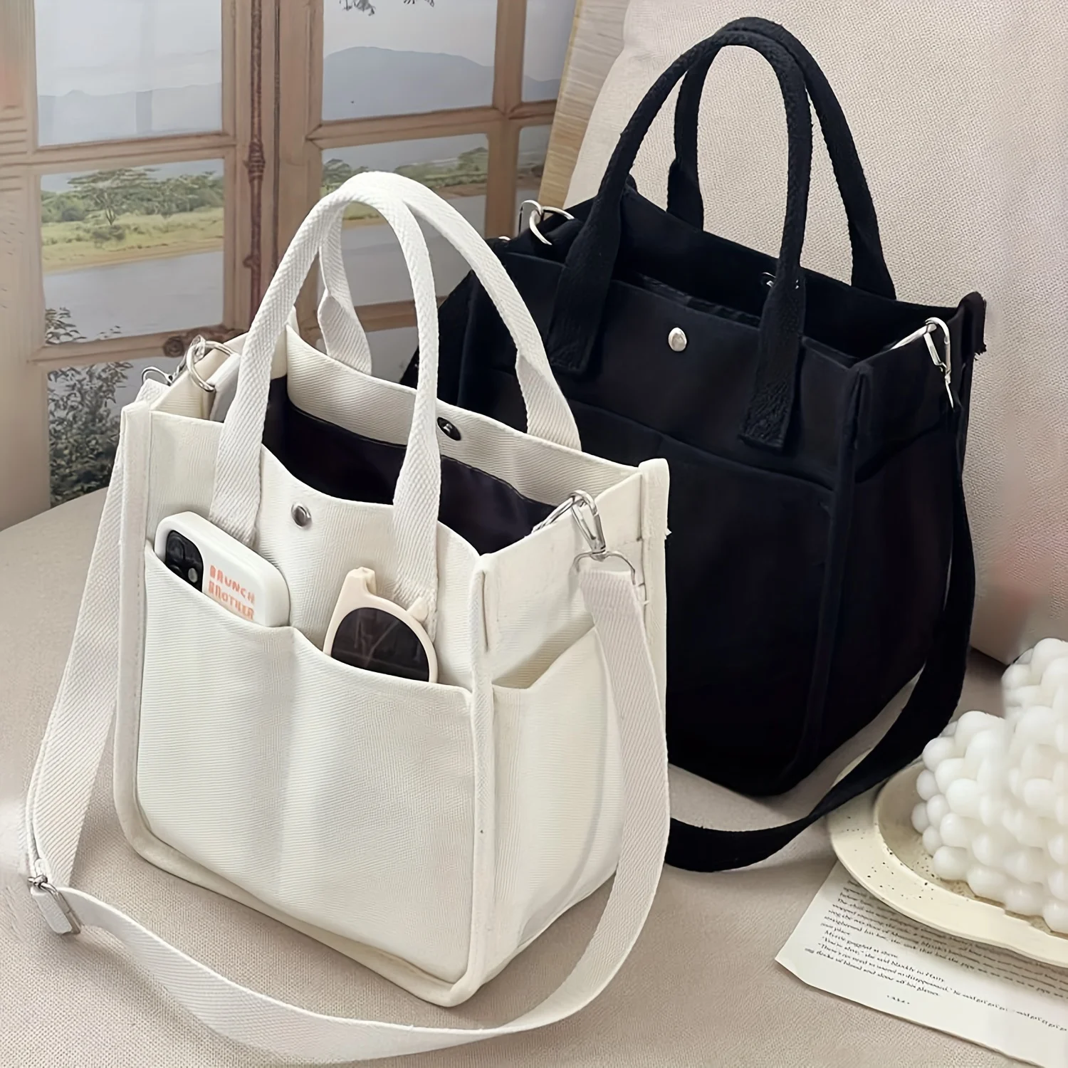 Commutes canvas bag woman 2024 new style three-dimensional multi-pocket messenger bag tote bag bento lunch box bag