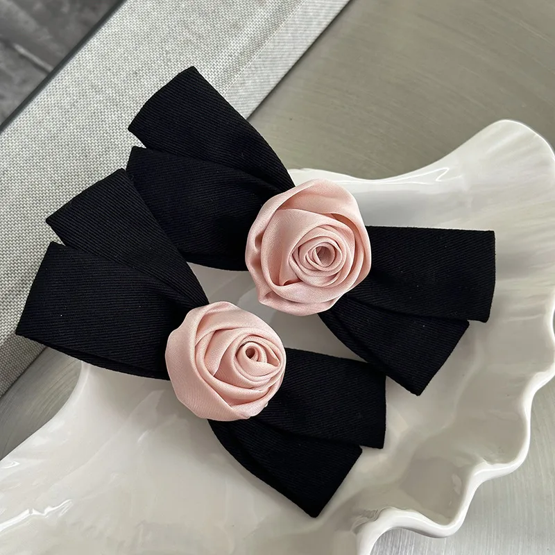 Pink Flower Bow Tie Barrettes Girlish Style Rose Hair Band Vintage Hair Accessories   Hair Clips for Women Заколки Для Волос