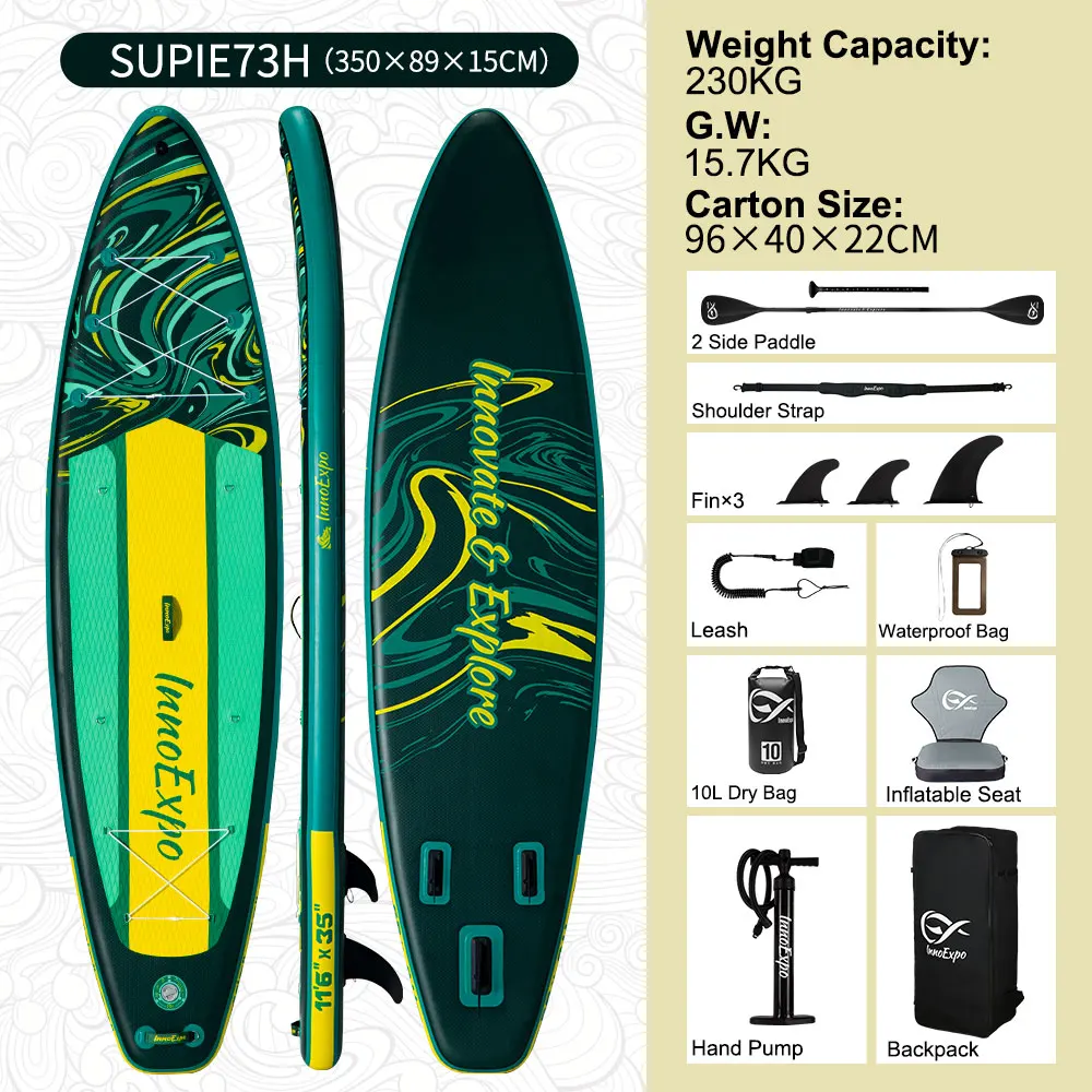 InnoExpo Opblaasbaar Stand Up Paddle Board 320 × 83 × 15cm, Antislip SUP met peddel, pomp, rugzak & accessoires, Opblaasbaar paddle board voor surfen, yoga, vissen & toeren.