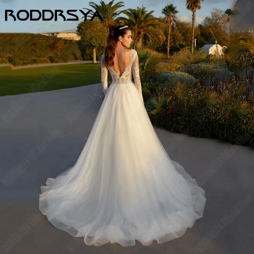 RODDRSYA gaun pernikahan elegan dengan lengan panjang V-Neck Backless gaun pengantin renda Applique klasik Tulle A-Line vetido de novia