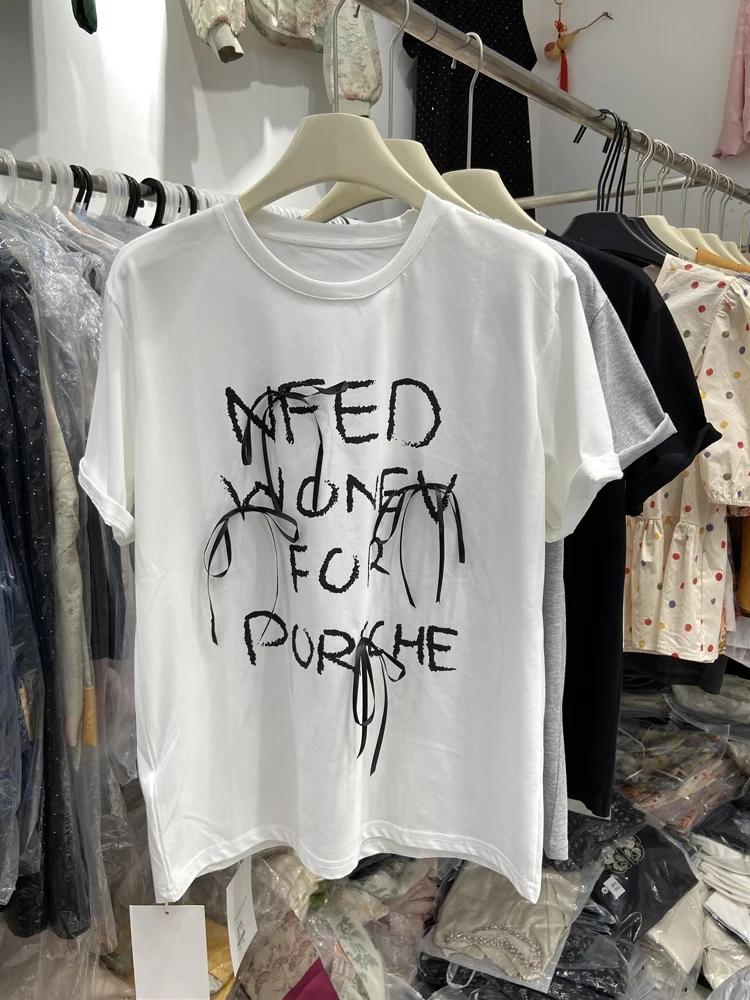 

Korean Style Knot Slim Fit Short Sleeve T-Shirt Women's Summer Lazy Letter Print Top Casual Cotton Blend Tee