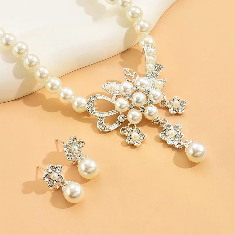 1Set Fashion Elegant Pearls Flower Drop Necklace Earrings For Women Girls Advanced Sense Accessories Wedding Jewelry Set