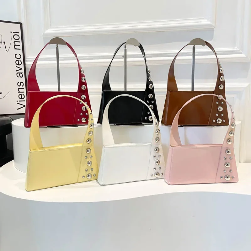 

Solid PU Hasp Sequined Sweet Shoulder Bags 2026 Fashion Rivets Niche Top-Handle Bags Large Capacity Personality Bags for Women