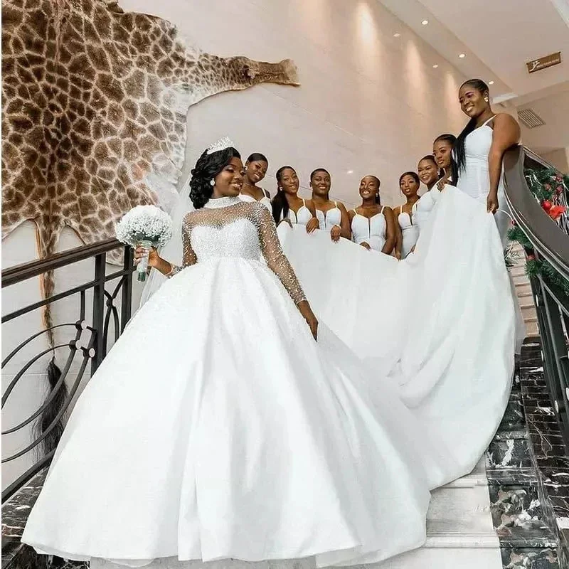 

Customized Beading Top Ball Gown Nigeria Wedding Dress High Collar Pearls Long Sleeve Satin Wedding Gown Plus Size Africa Bridal