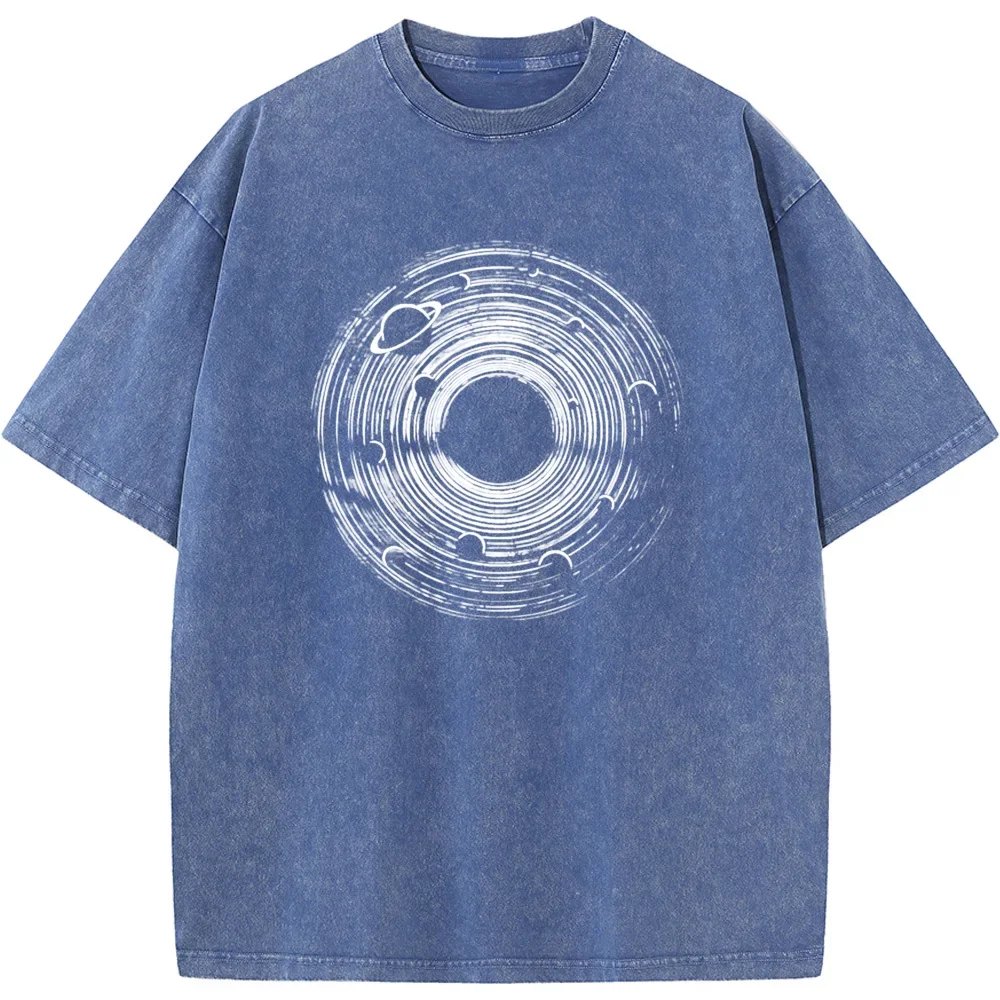 Men's Universe Black Hole and Solar System Washed T-Shirt 230g Cotton Vintage Bleached Tshirt Tops Casual Loose Bleach T shirt