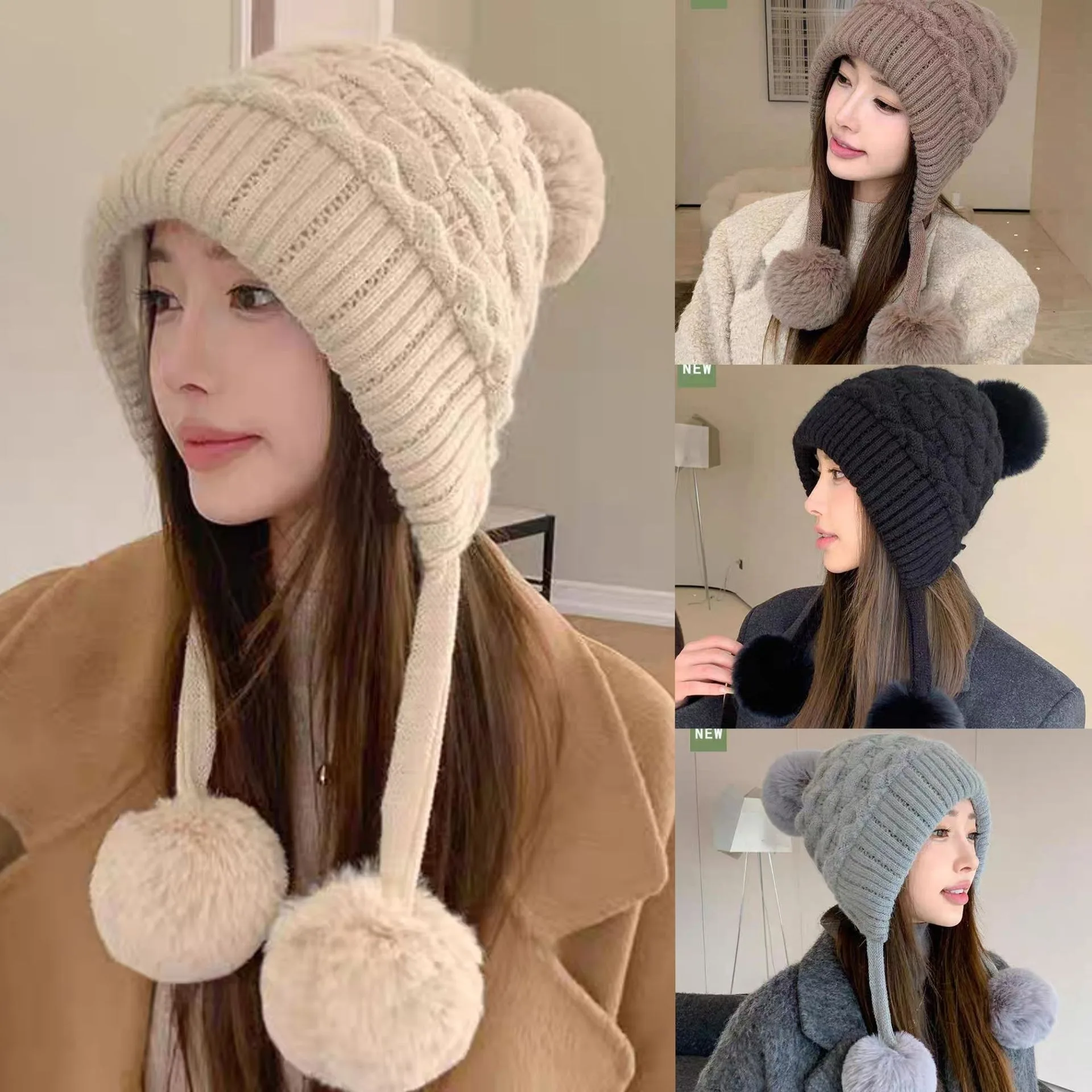 

Thickened Double Layer Women Ear Protection And Cold Protection Rabbit Hair Hat With Three Fur Balls For Women Winter Plush Hat