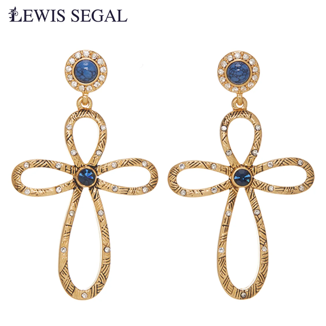 

LEWIS SEGAL Openwork Cross Knot and Turquoise Dangle Earrings for Women Medieval Style Fine Jewelry Rhinestone 18K Gold Plated