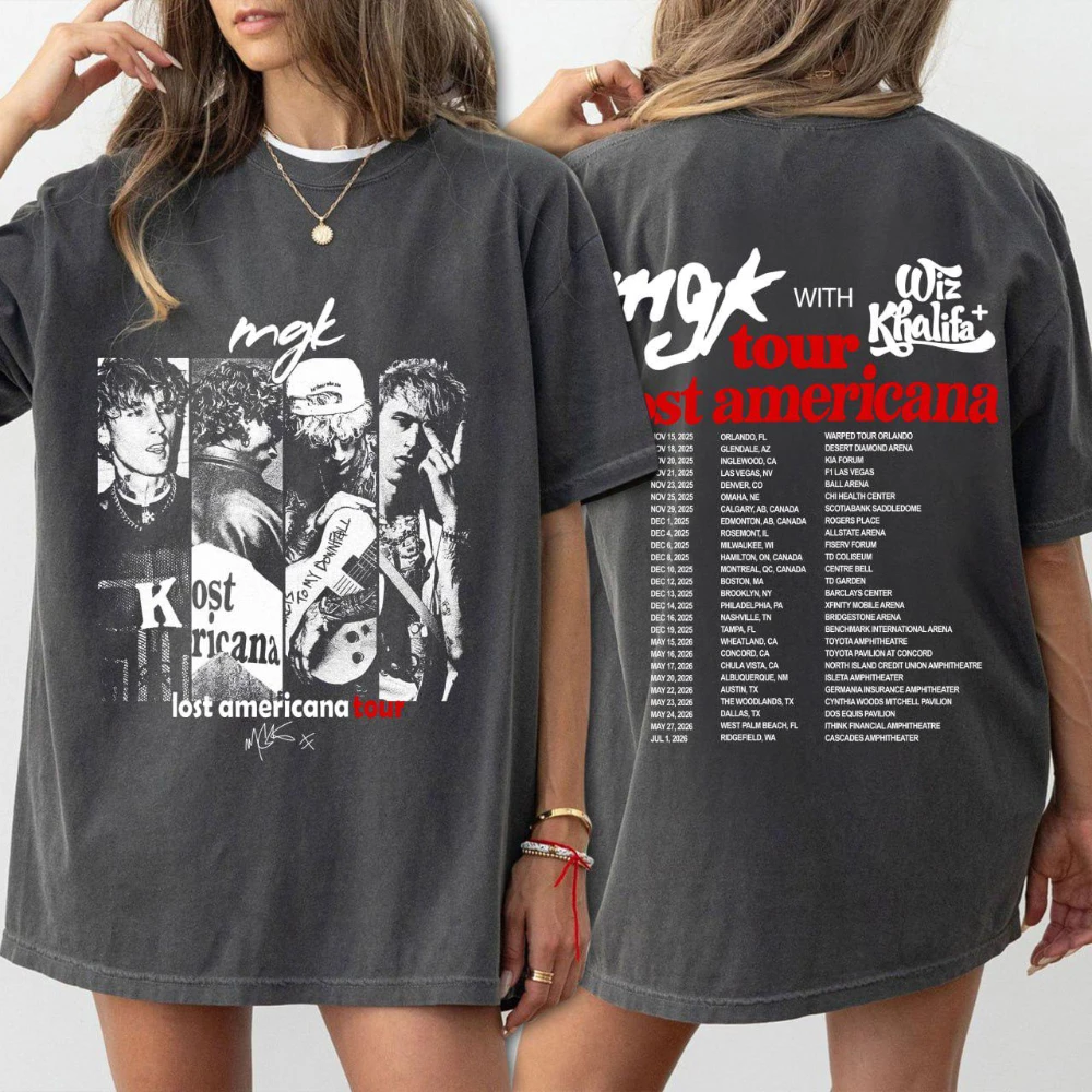 Camiseta MGK Lost Americana Tour, Camiseta Gráfica Grunge de los 90, Camiseta con Fechas de la Gira en la Parte Delantera y Trasera, Camiseta de Concierto de Rock, Regalo