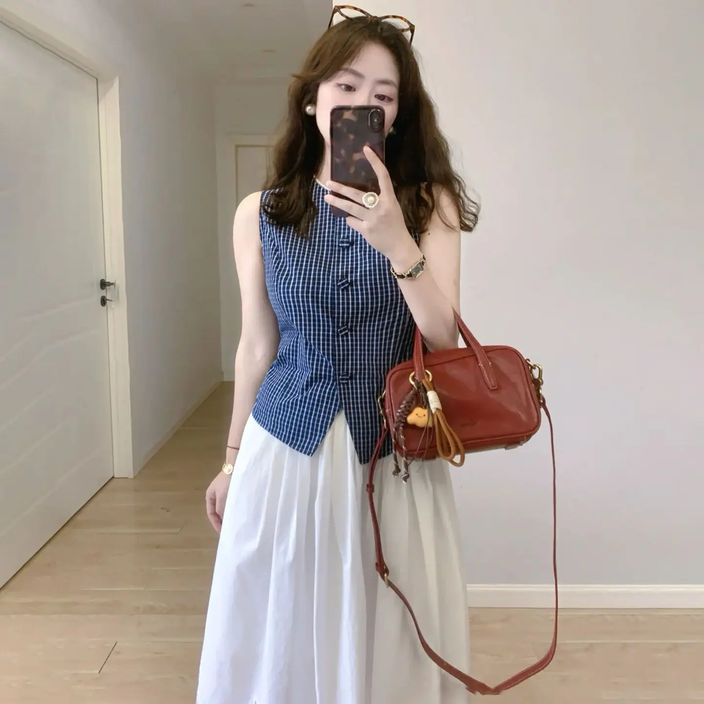 Women Clothing Summer Fashion Office Lady Simplicity All-match Fashionable Plaid Button O-neck Sleeveless Appear Thin Top