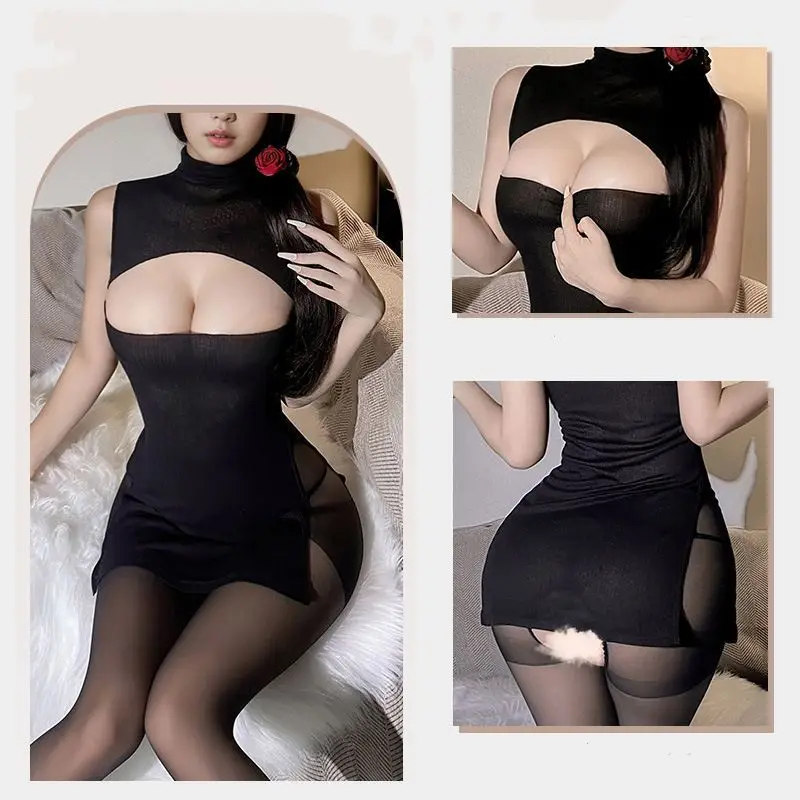 Sexy Lingerie New Chinese 2024 New Product Improved Version of Cheongsam Hollow Design Low Cut and Breast Exposed Split Hem