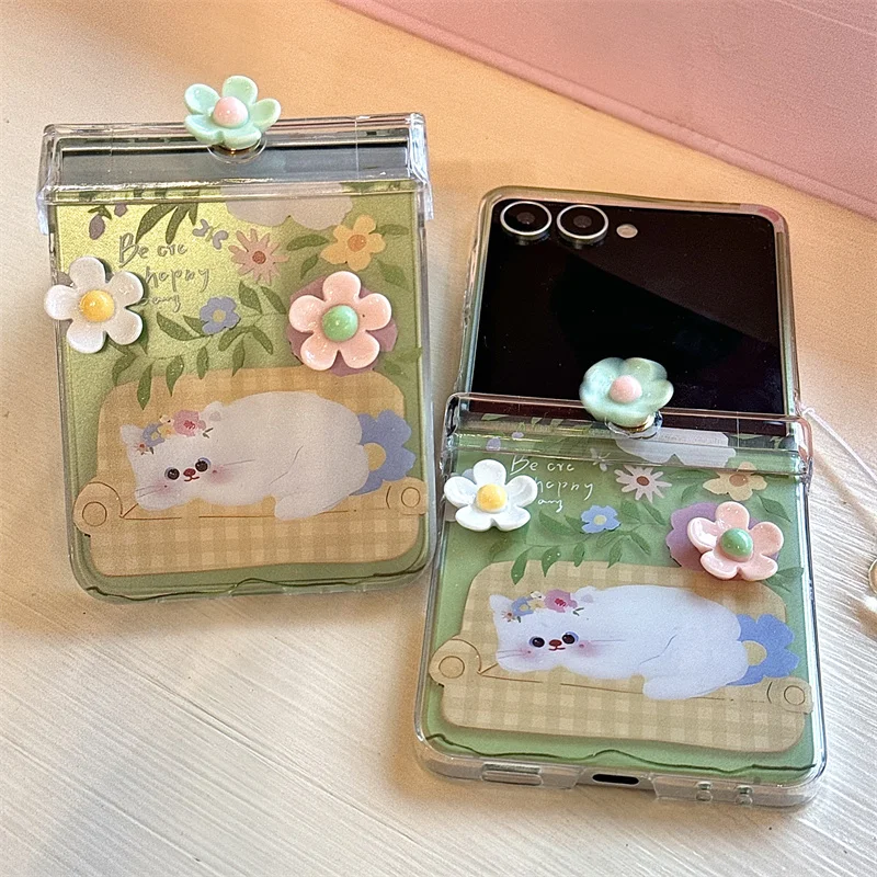

For Samsung Galaxy Z Flip 7 FE Flip6 Flip5 Flip4 3 3D Rotate Flower Summer Cat Phone Case With Bracelet Shockproof Back Cover