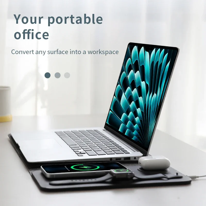 حافظة كمبيوتر محمول مع شاحن لاسلكي 3 في 1 لهاتف Iphone (15W)، Airpods (5W)، Iwatch (2.5W) لأجهزة الكمبيوتر المحمولة Macbook Air Pro مقاس 11-14 بوصة