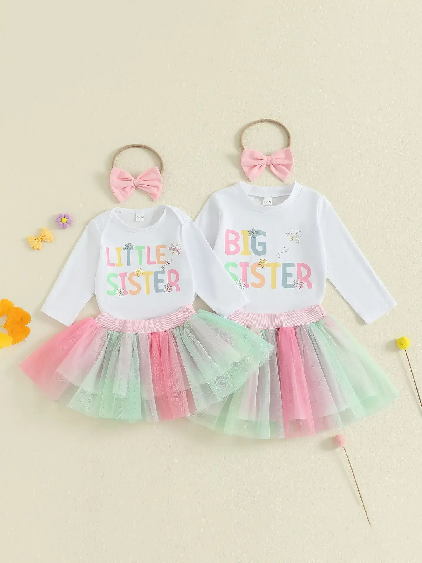 

2025 Baby Girl Big Little Sister Outfit Sets for Children Cotton Colorful Letter Print Top + Rainbow Tulle Skirt + Bow Headband