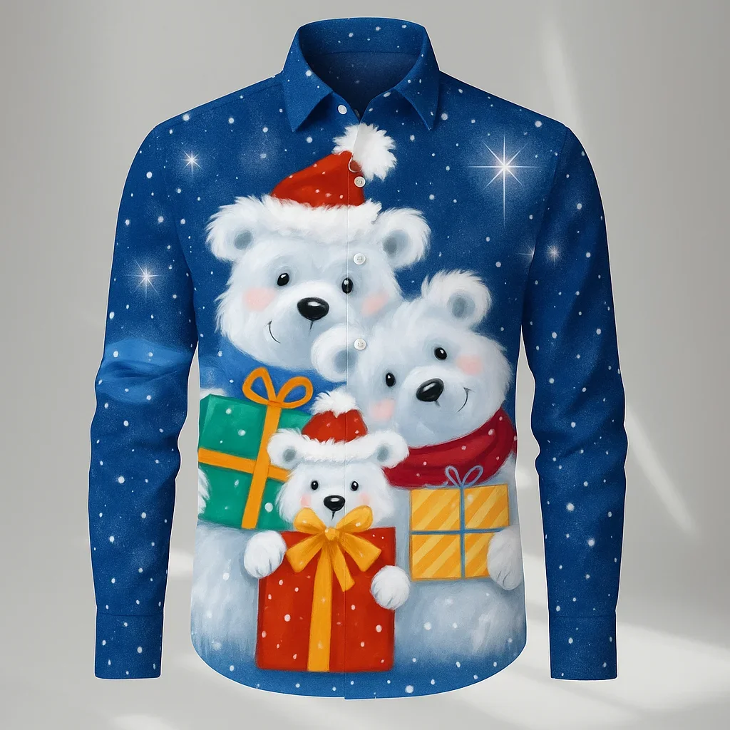 

2026 Christmas Men's Snowflake Christmas Theme Gift Shirt Button Up Shirt Long Sleeve Funny Outdoor Holiday Fall Turndown Shirt