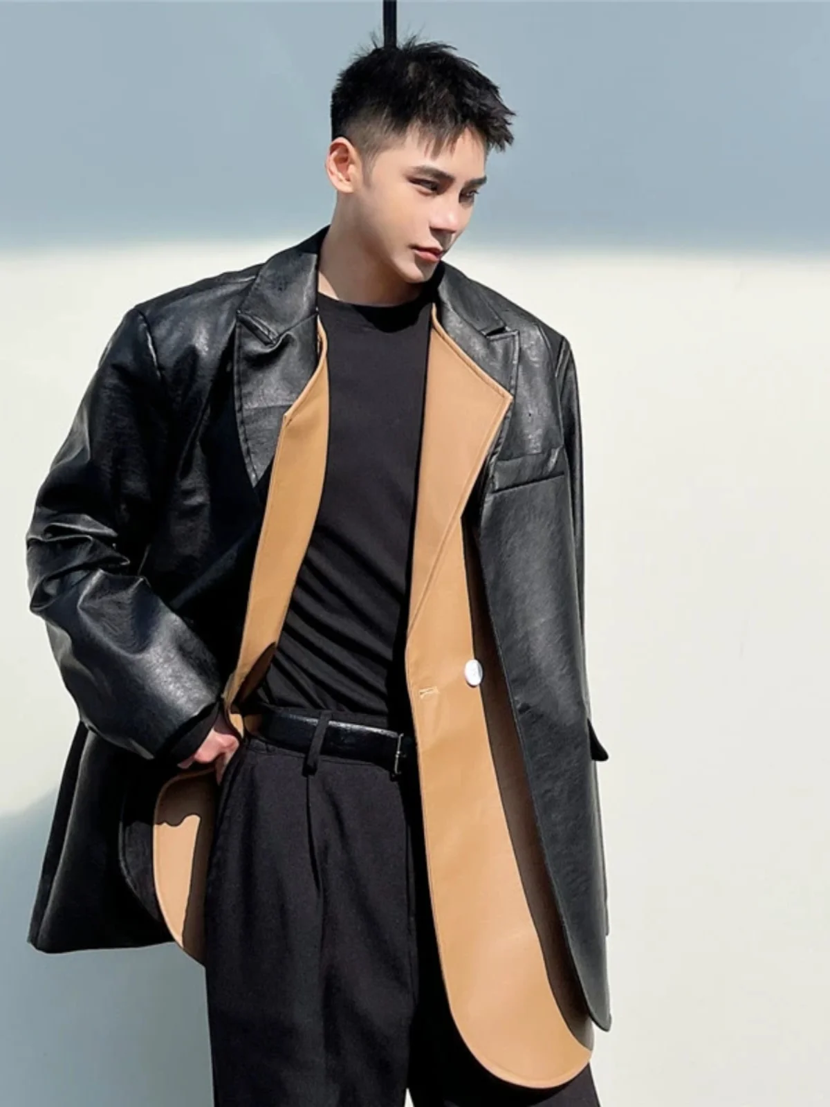 

Модный лоскутный мужской костюм из искусственной кожи, топ, зимний новый съемный повседневный верхняя одежда, модная молодежная одежда для отдыха