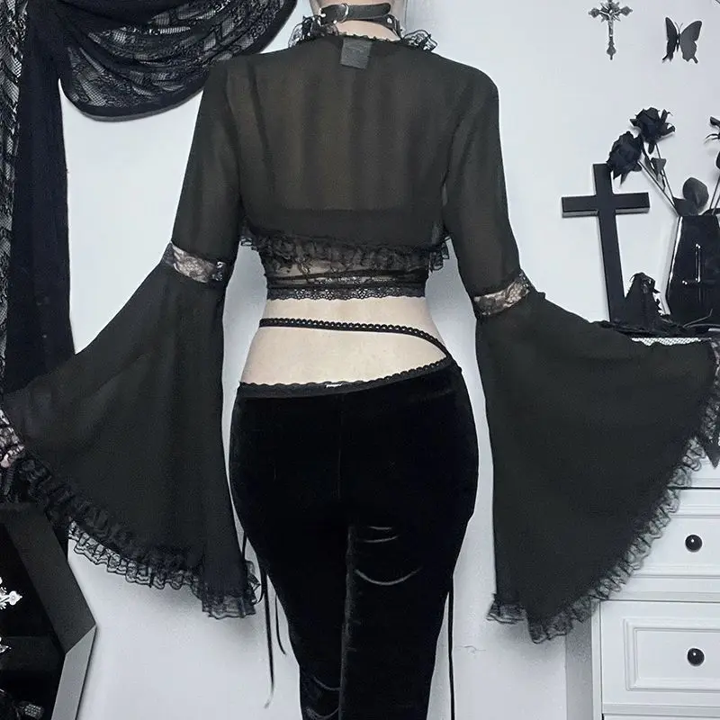 

Onalippa DarkLooks Black Lace Overcover Gothic Abi Style Trumpet Sleeves Hime Sleeves Camry Shoulders Lolita Blouse