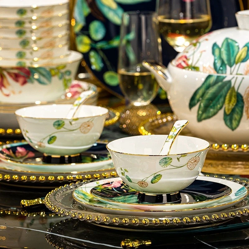 Bone china tableware set, dishes, household light luxury high-end European-style Jingdezhen high-end tableware