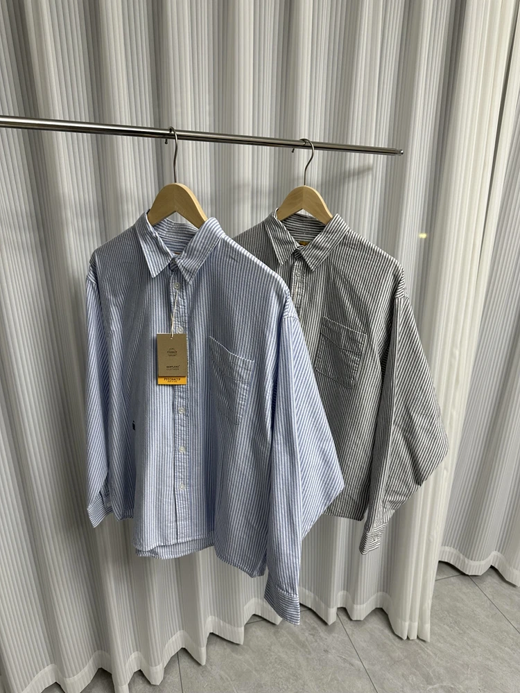 

Waed Long Sve Ox Cloth Men's irt Artistic Vertical Stripes Commute All Seasons Pure Cotton Stand Fit Collar